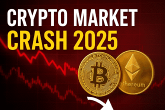 Bitcoin and Ethereum prices falling sharply as global crypto market crashes amid Donald Trump’s China tariff policy – investors shifting to safe assets like gold and USD.