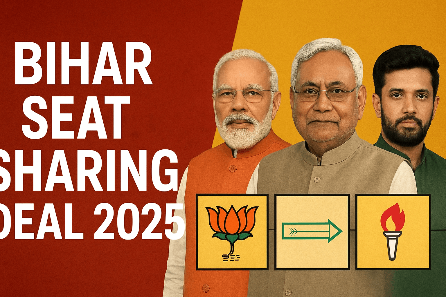 बिहार सीट बंटवारा 2025 में बीजेपी, जेडीयू और चिराग पासवान की एलजेपी के नेताओं की तस्वीर — सीट शेयरिंग समझौते की घोषणा के दौरान।