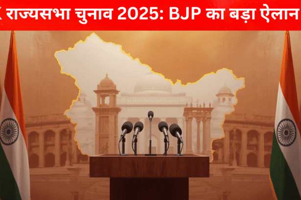 BJP Rajya Sabha Announcement Jammu Kashmir 2025 political press conference podium with saffron and white theme
