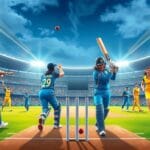 भारत और ऑस्ट्रेलिया महिला क्रिकेट टीम ICC महिला वर्ल्ड कप 2025 में मैदान पर, बल्लेबाजी, गेंदबाजी और फील्डिंग करते हुए, स्टेडियम में दर्शक और जीवंत माहौल।