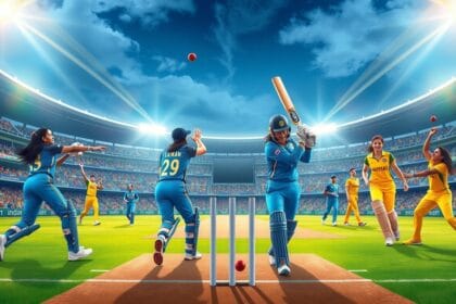 भारत और ऑस्ट्रेलिया महिला क्रिकेट टीम ICC महिला वर्ल्ड कप 2025 में मैदान पर, बल्लेबाजी, गेंदबाजी और फील्डिंग करते हुए, स्टेडियम में दर्शक और जीवंत माहौल।