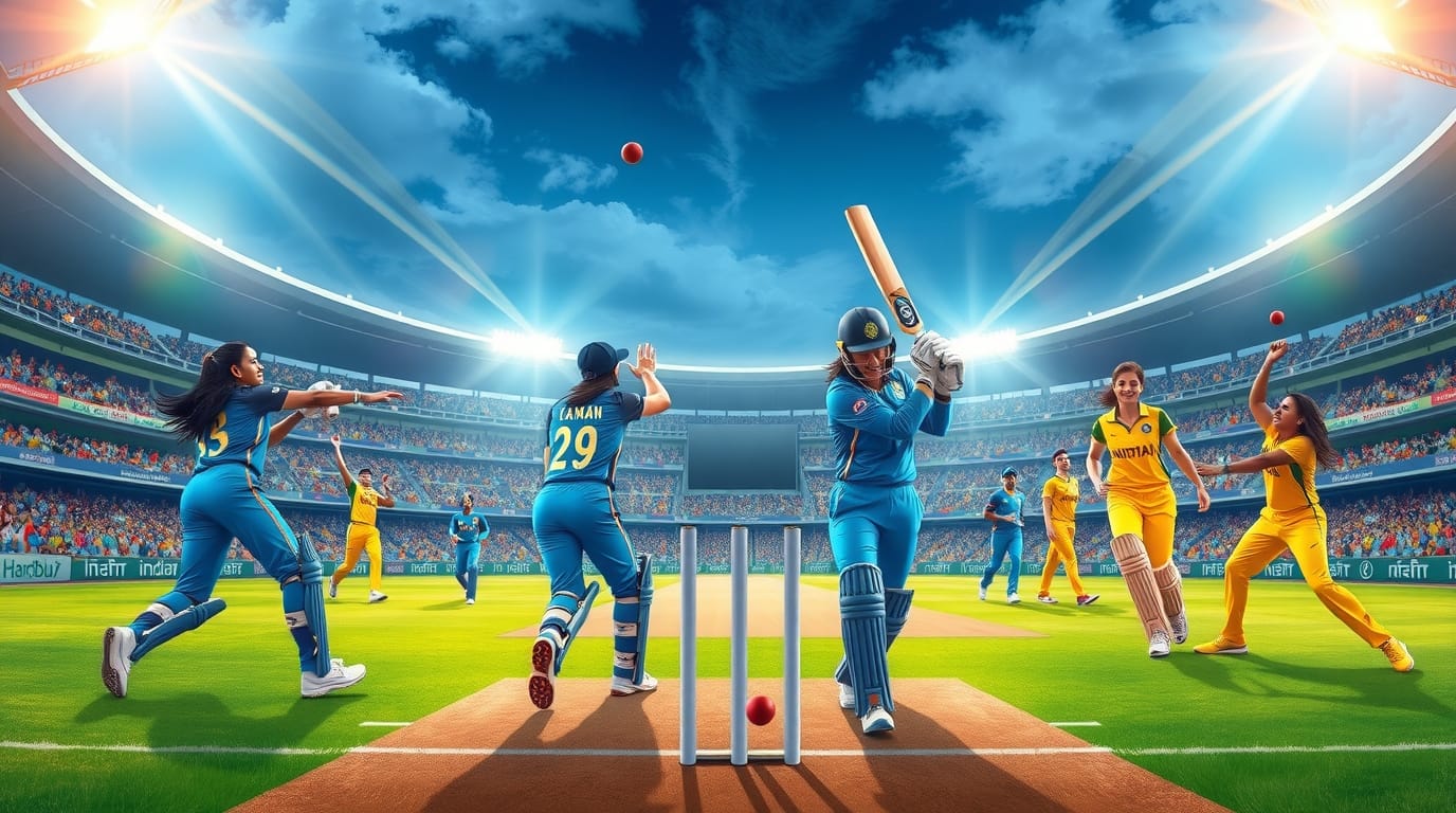 भारत और ऑस्ट्रेलिया महिला क्रिकेट टीम ICC महिला वर्ल्ड कप 2025 में मैदान पर, बल्लेबाजी, गेंदबाजी और फील्डिंग करते हुए, स्टेडियम में दर्शक और जीवंत माहौल।