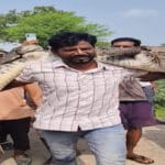 Rajasthan के कोटा में एक व्यक्ति मगरमच्छ को कंधे पर उठाकर सुरक्षित स्थान पर लेकर जा रहा है