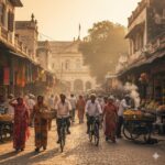 A vibrant and dynamic street scene in Lakhimpur Kheri, Uttar Pradesh, India, capturing the essence of daily local life and community activity. The image should feature a mix of local residents engaged in everyday routines, walking past traditional shops, street vendors, and perhaps a subtle hint of civic or public buildings in the background. Emphasize the unique cultural elements, warm natural lighting, and the bustling energy of an Indian town. The style should be realistic and rich in detail, conveying a sense of community and the pulse of daily local news.
