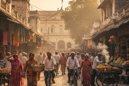 A vibrant and dynamic street scene in Lakhimpur Kheri, Uttar Pradesh, India, capturing the essence of daily local life and community activity. The image should feature a mix of local residents engaged in everyday routines, walking past traditional shops, street vendors, and perhaps a subtle hint of civic or public buildings in the background. Emphasize the unique cultural elements, warm natural lighting, and the bustling energy of an Indian town. The style should be realistic and rich in detail, conveying a sense of community and the pulse of daily local news.