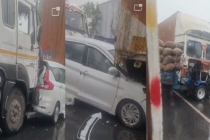 Hathras - Hathras Accident: बारिश के कारण फिसला ट्रैक्टर, पीछे से टकराए दो ट्रक और कार; बाल-बाल बचे यात्री
