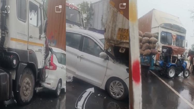 Hathras - Hathras Accident: बारिश के कारण फिसला ट्रैक्टर, पीछे से टकराए दो ट्रक और कार; बाल-बाल बचे यात्री