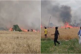 UP: लखीमपुर - UP: लखीमपुर खीरी में हाईटेंशन लाइन से निकली चिंगारी, खेतों में भड़की आग, 81 बीघा गेहूं की फसल जलकर राख